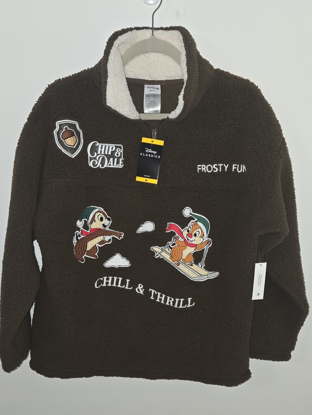 Disney Chip & Dale Embroidered Brown Sherpa Pullover 1/4 Zip NWT